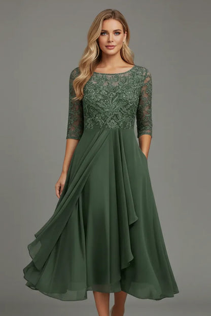 Women's Elegant Lace Midi Wedding Guest Dress with Half Sleeve