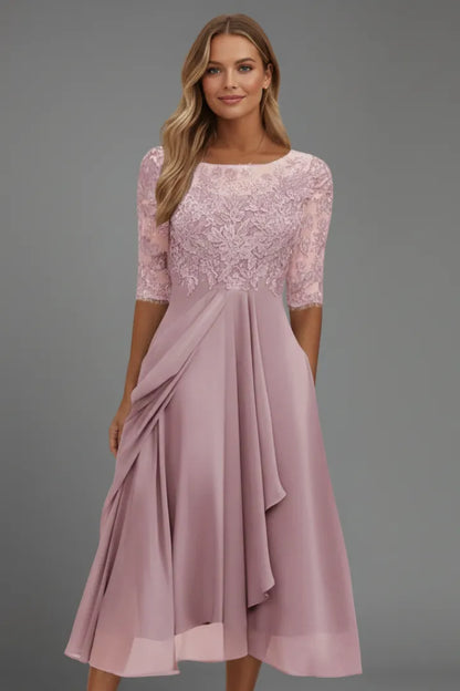 Women's Elegant Lace Midi Wedding Guest Dress with Half Sleeve