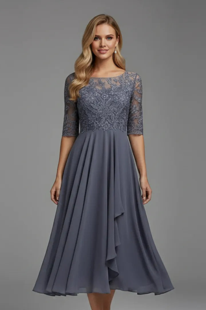 Women's Elegant Lace Midi Wedding Guest Dress with Half Sleeve