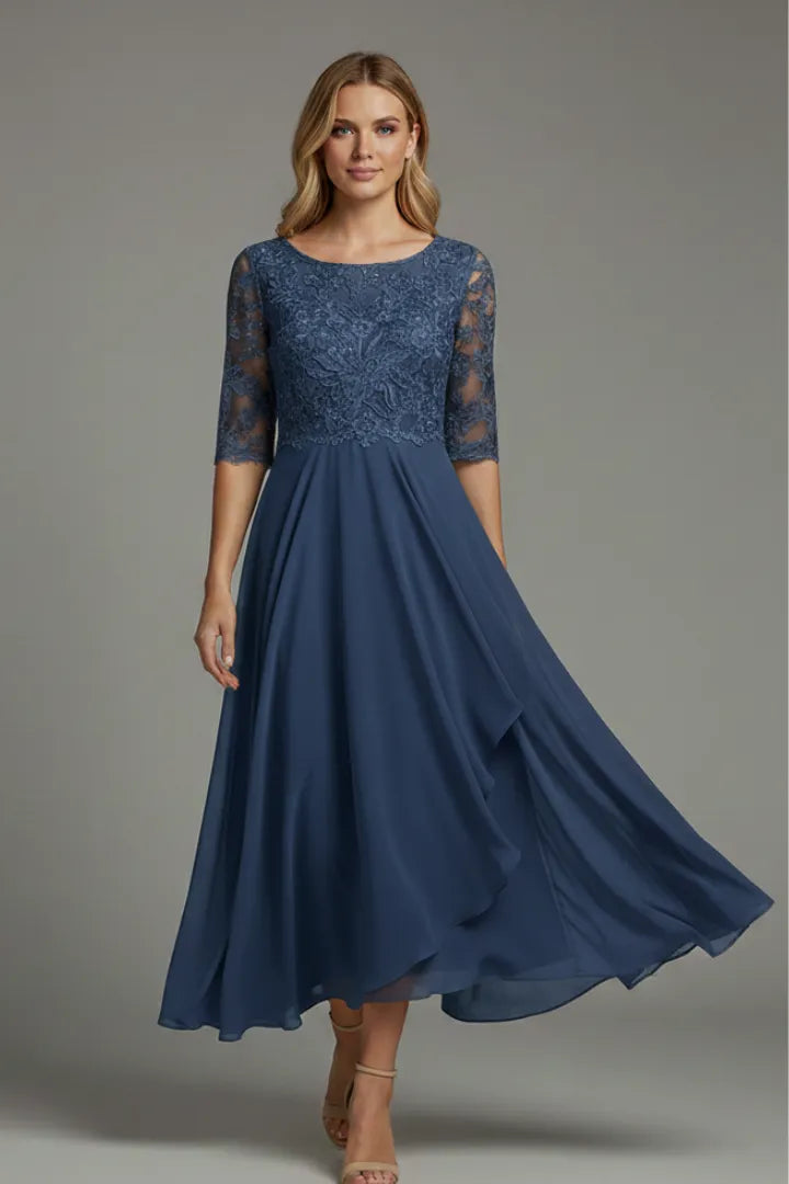 Women's Elegant Lace Midi Wedding Guest Dress with Half Sleeve