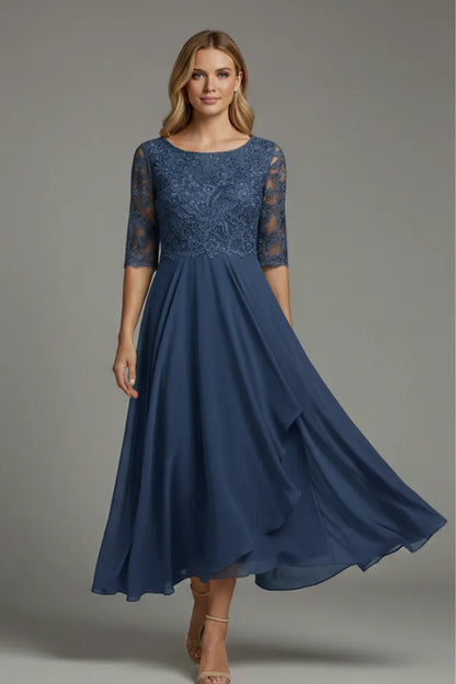 Women's Elegant Lace Midi Wedding Guest Dress with Half Sleeve