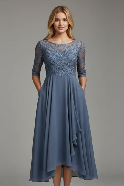 Women's Elegant Lace Midi Wedding Guest Dress with Half Sleeve