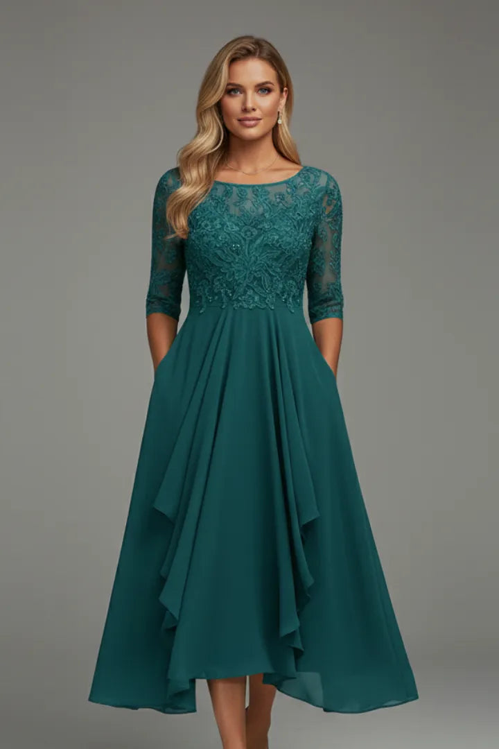 Women's Elegant Lace Midi Wedding Guest Dress with Half Sleeve