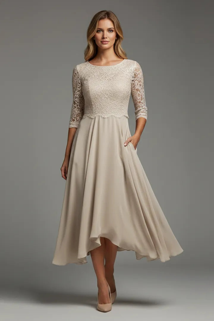 Women's Elegant Lace Midi Wedding Guest Dress with Half Sleeve