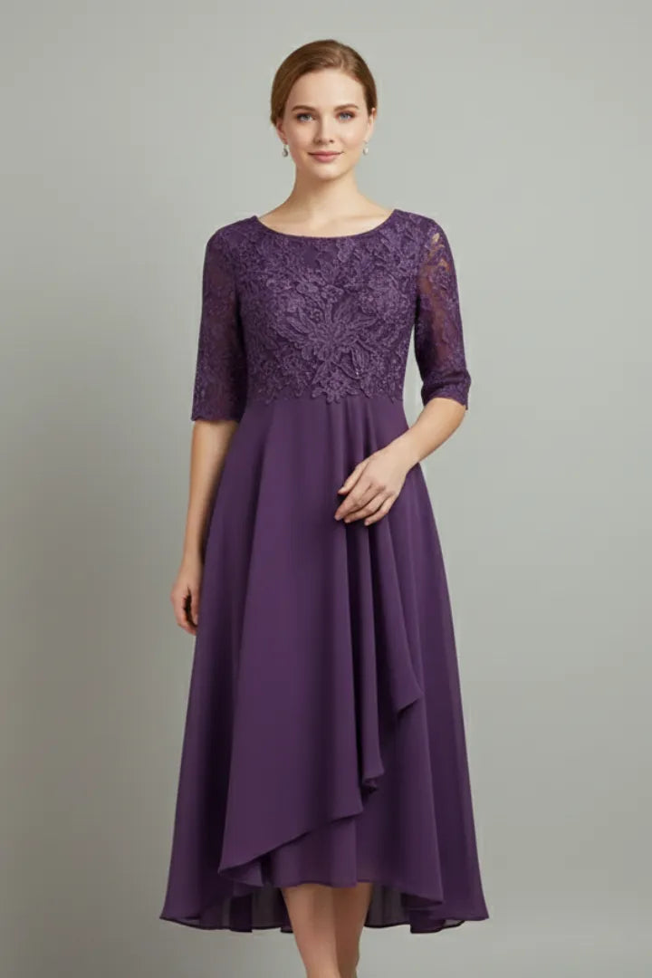Women's Elegant Lace Midi Wedding Guest Dress with Half Sleeve