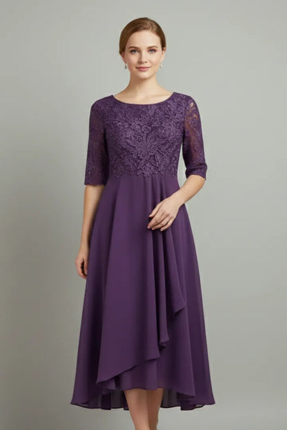 Women's Elegant Lace Midi Wedding Guest Dress with Half Sleeve