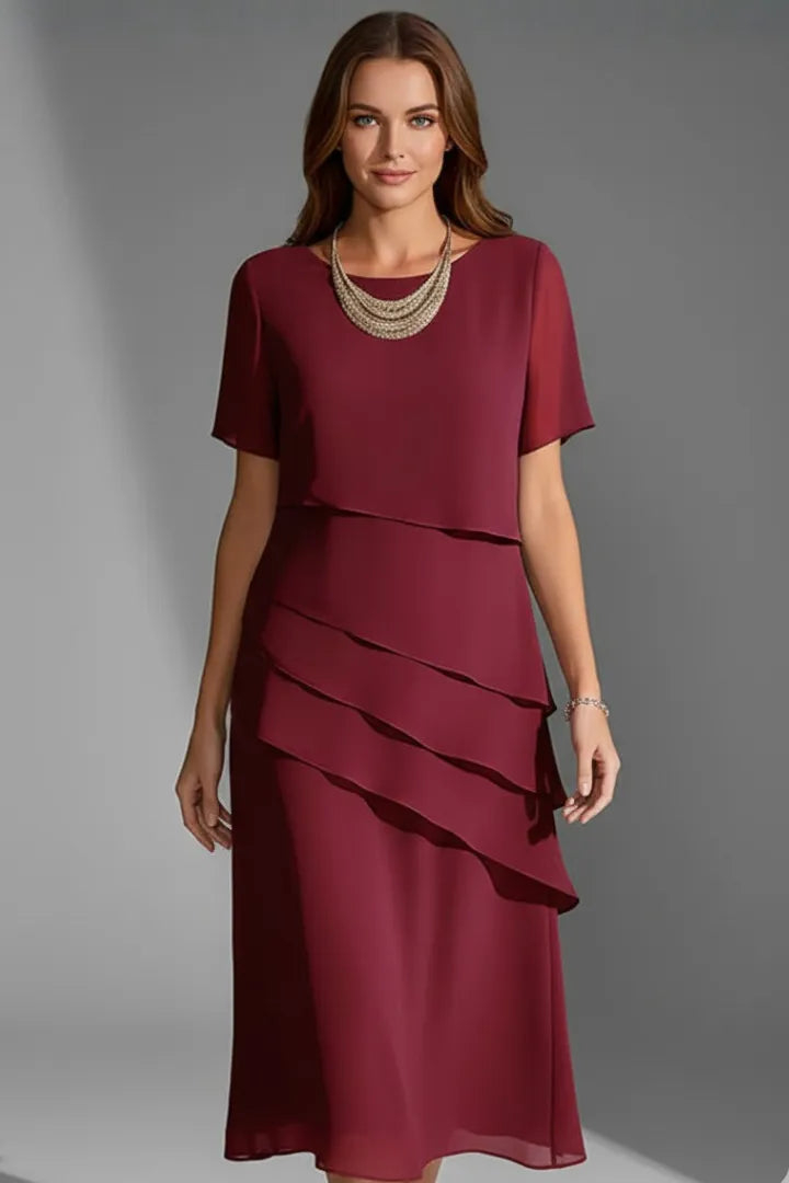 Women's Elegant Layered Midi Wedding Guest Dress with Flutter Sleeve