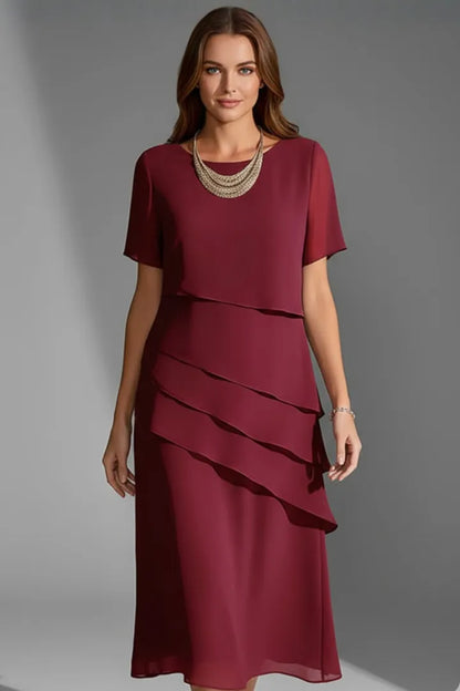 Women's Elegant Layered Midi Wedding Guest Dress with Flutter Sleeve