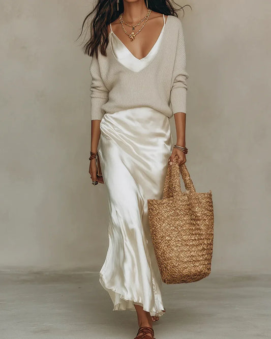 Women’s Elegant Long Sleeve Maxi Wedding Guest Dress with Sweater Set
