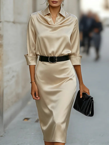Women's Elegant Long Sleeve Midi Wedding Guest Dress with Cowl Neck