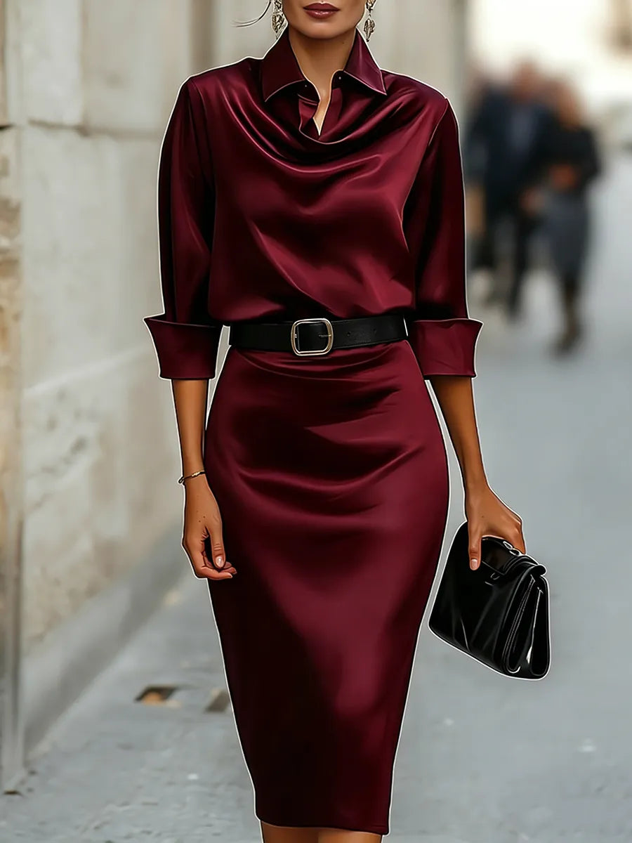 Women's Elegant Long Sleeve Midi Wedding Guest Dress with Cowl Neck