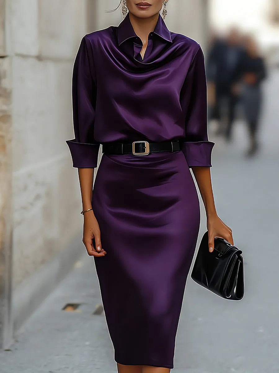 Women's Elegant Long Sleeve Midi Wedding Guest Dress with Cowl Neck