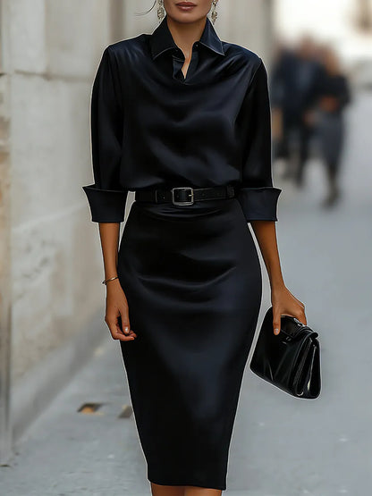 Women's Elegant Long Sleeve Midi Wedding Guest Dress with Cowl Neck
