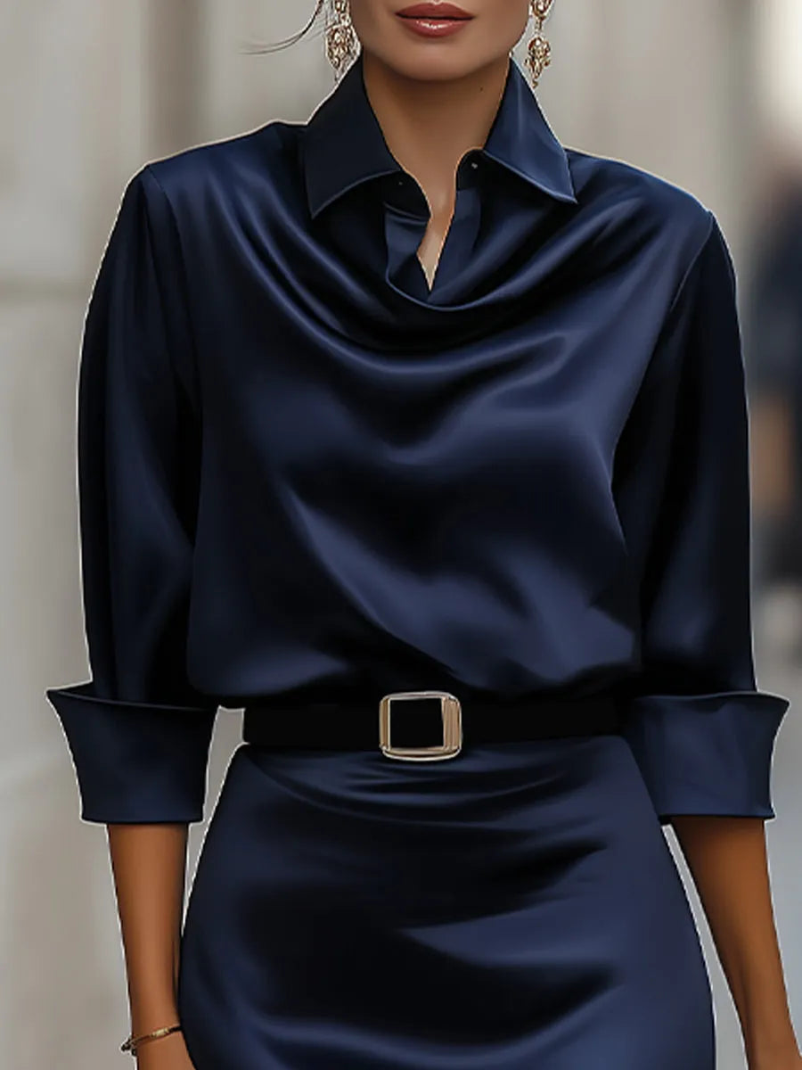 Women's Elegant Long Sleeve Midi Wedding Guest Dress with Cowl Neck