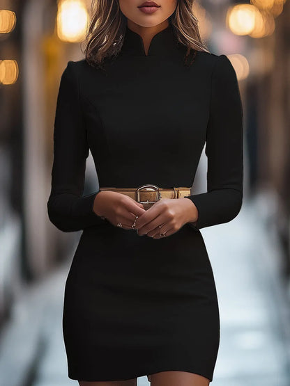 Women’s Elegant Long Sleeve Mini Cocktail Dress with High Neck