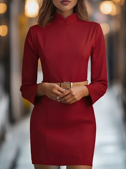 Women’s Elegant Long Sleeve Mini Cocktail Dress with High Neck