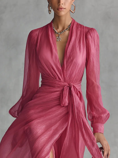 Women’s Elegant Long Sleeves Maxi Wedding Guest Dress with V-Neck
