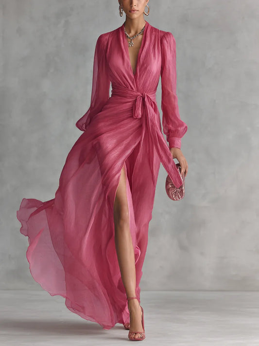 Women’s Elegant Long Sleeves Maxi Wedding Guest Dress with V-Neck
