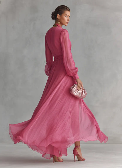 Women’s Elegant Long Sleeves Maxi Wedding Guest Dress with V-Neck