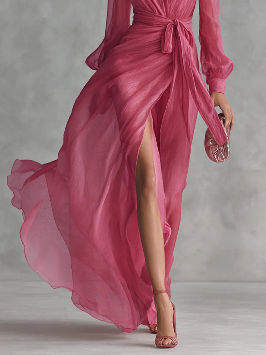 Women’s Elegant Long Sleeves Maxi Wedding Guest Dress with V-Neck