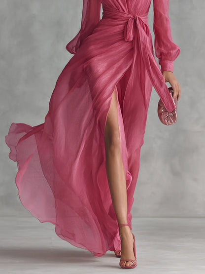 Women’s Elegant Long Sleeves Maxi Wedding Guest Dress with V-Neck