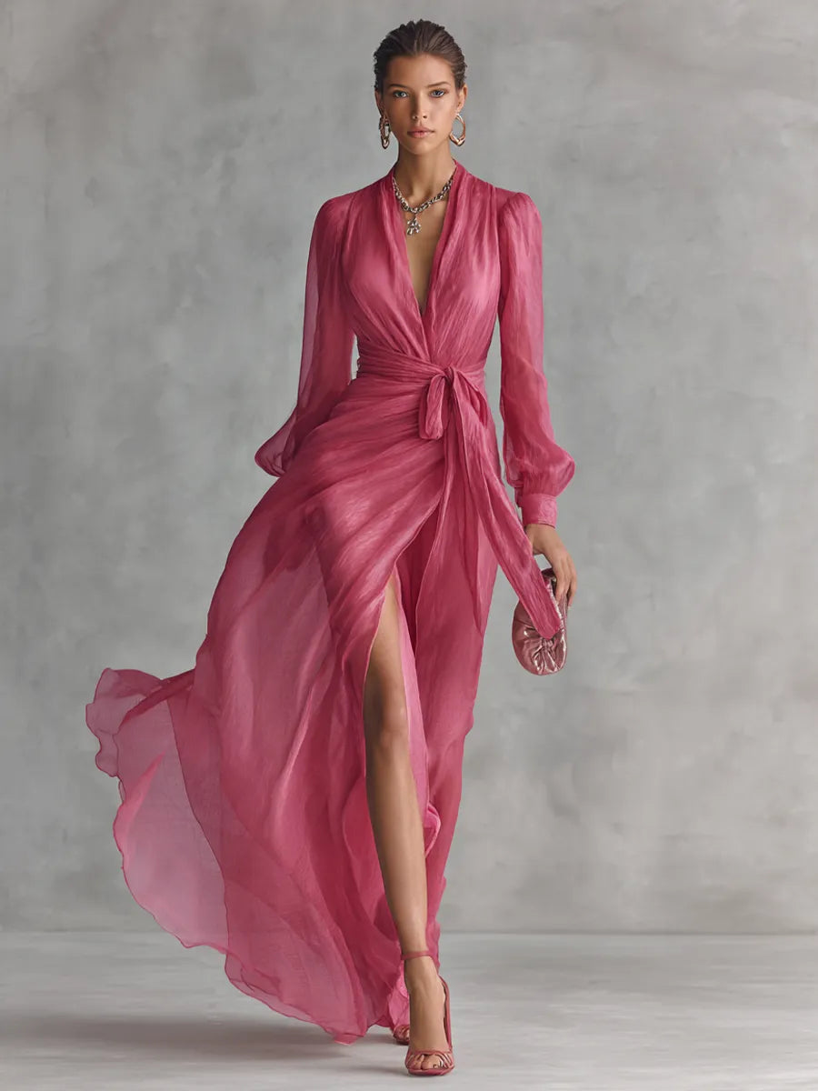 Women’s Elegant Long Sleeves Maxi Wedding Guest Dress with V-Neck