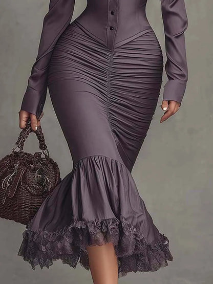 Women’s Elegant Mermaid Midi Wedding Guest Dress with Ruched Detail