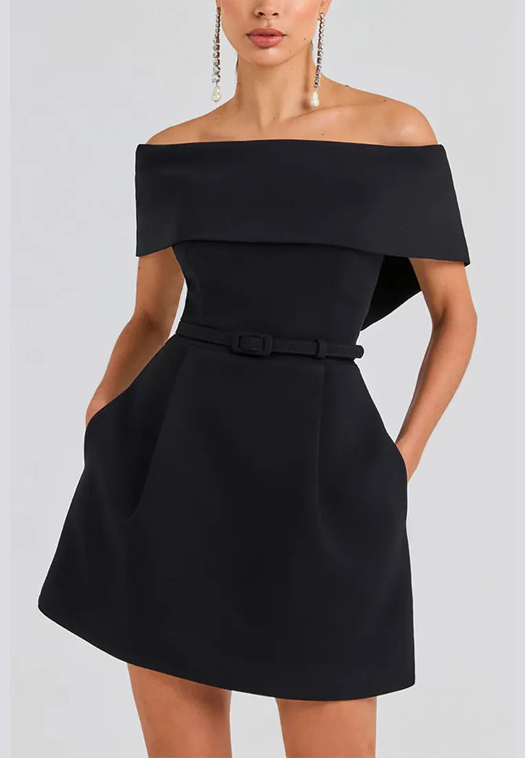 Women’s Elegant Off Shoulder Mini Cocktail Dress with Pockets