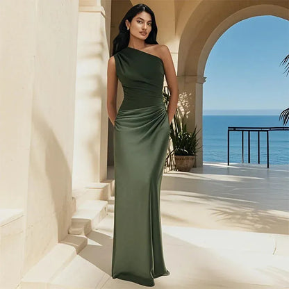 Women's Elegant One-Shoulder Maxi Wedding Guest Dress with Asymmetric Neckline