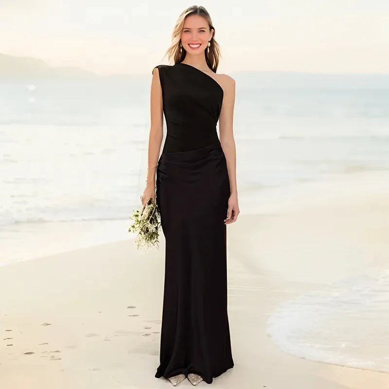 Women's Elegant One-Shoulder Maxi Wedding Guest Dress with Asymmetric Neckline