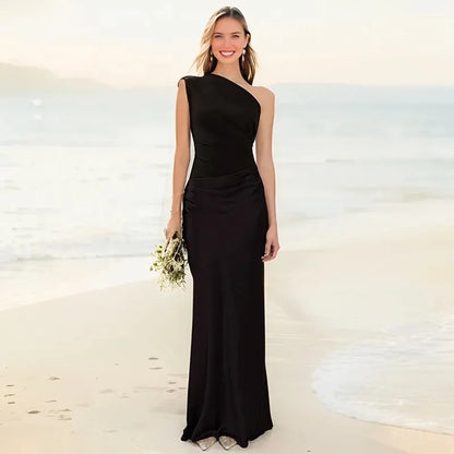 Women's Elegant One-Shoulder Maxi Wedding Guest Dress with Asymmetric Neckline
