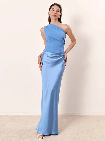 Women's Elegant One-Shoulder Maxi Wedding Guest Dress with Asymmetric Neckline