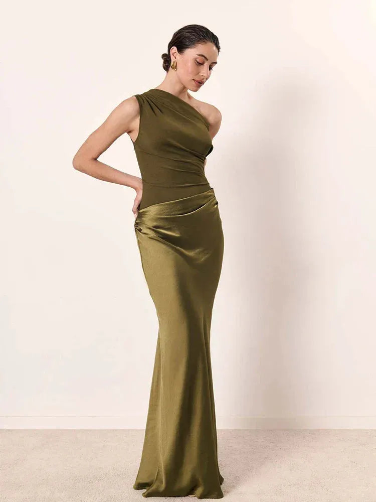Women's Elegant One-Shoulder Maxi Wedding Guest Dress with Asymmetric Neckline