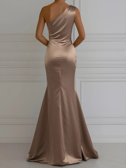 Women's Elegant One Shoulder Maxi Wedding Guest Dress with Ruched Details