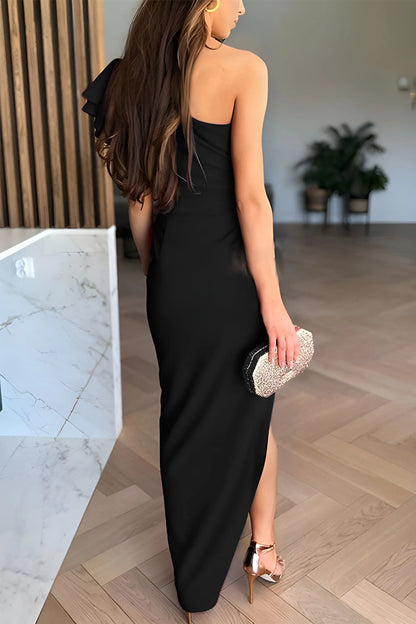 Women's Elegant One Shoulder Maxi Wedding Guest Dress with Ruffle