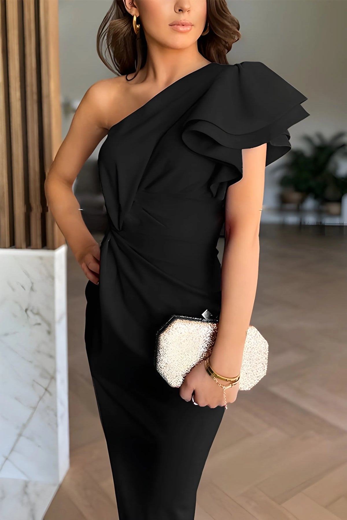 Women's Elegant One Shoulder Maxi Wedding Guest Dress with Ruffle