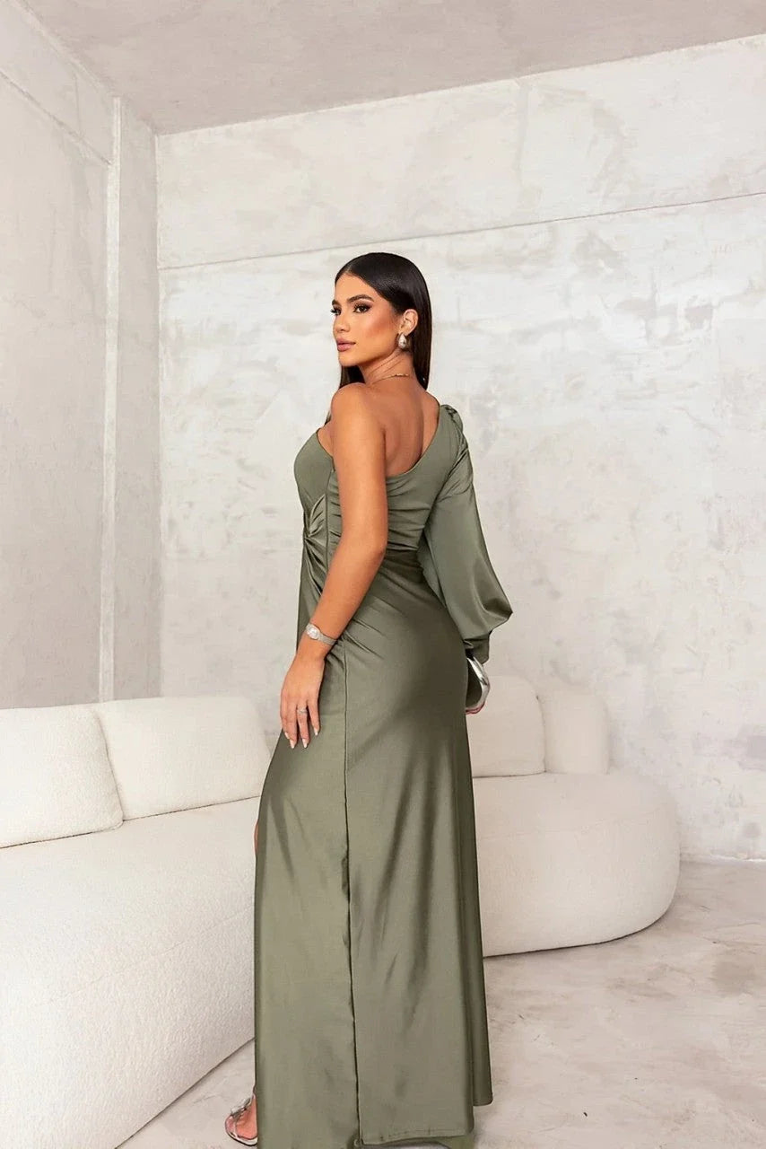 Women’s Elegant One Shoulder Maxi Wedding Guest Dress with Slit