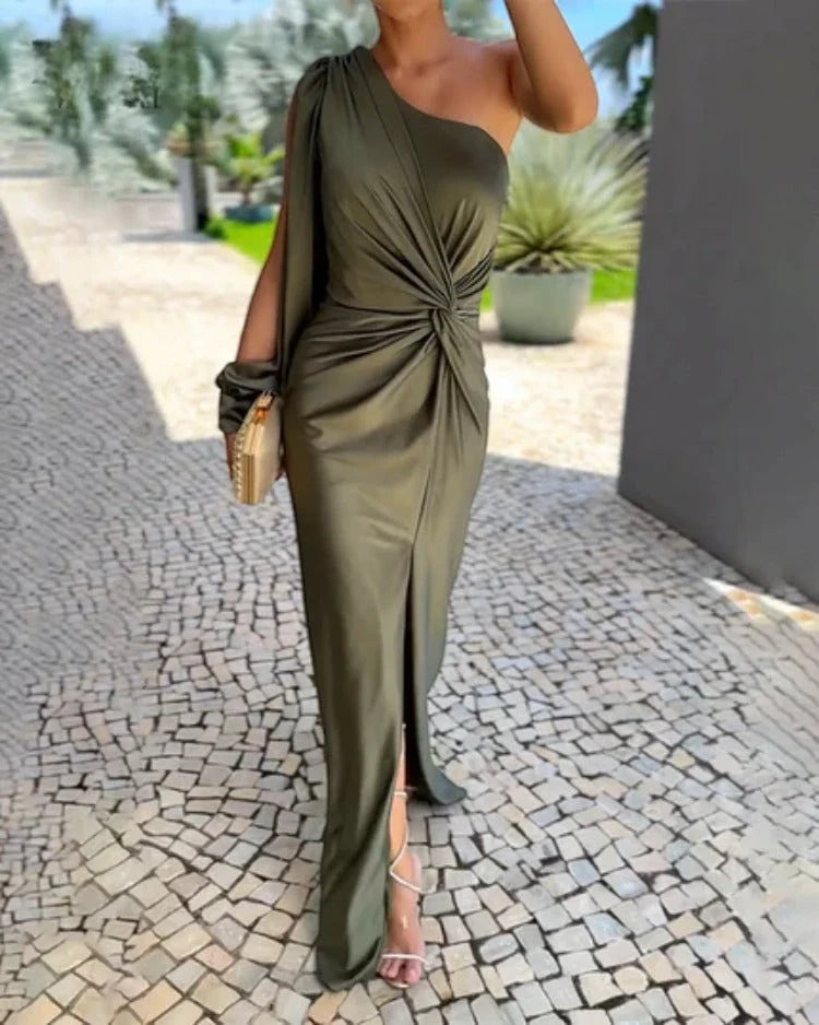 Women’s Elegant One Shoulder Maxi Wedding Guest Dress with Slit