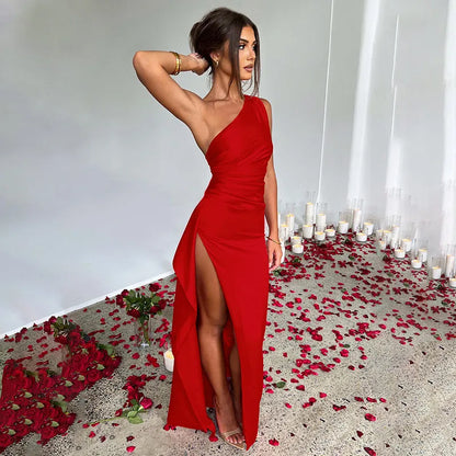 Women's Elegant One Shoulder Maxi Wedding Guest Dress with Slit