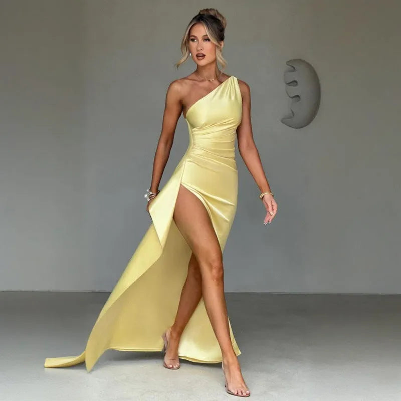 Women's Elegant One Shoulder Maxi Wedding Guest Dress with Slit