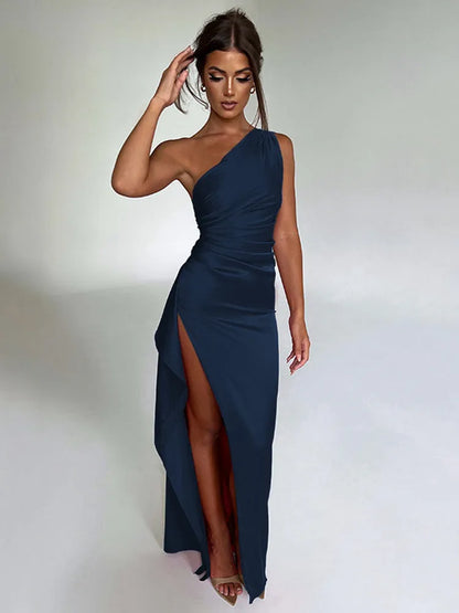 Women's Elegant One Shoulder Maxi Wedding Guest Dress with Slit