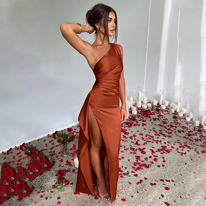Women's Elegant One Shoulder Maxi Wedding Guest Dress with Slit