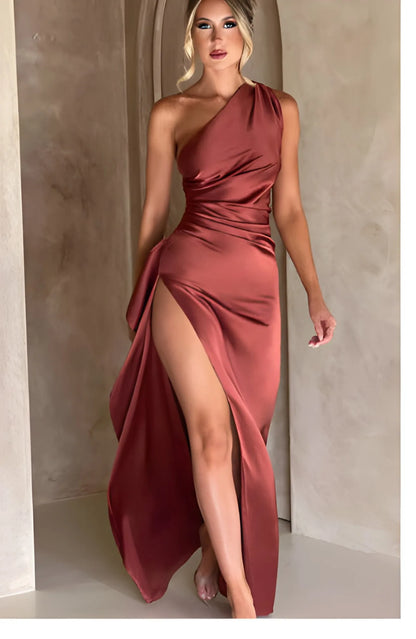 Women's Elegant One Shoulder Maxi Wedding Guest Dress with Slit