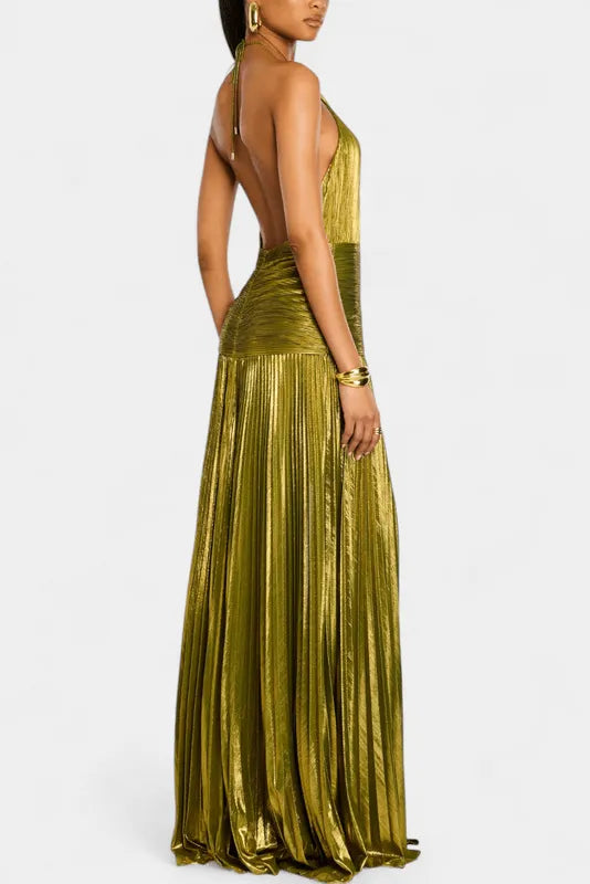 Women’s Elegant Pleated Maxi Cocktail Dress with Halter Neck