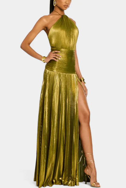 Women’s Elegant Pleated Maxi Cocktail Dress with Halter Neck