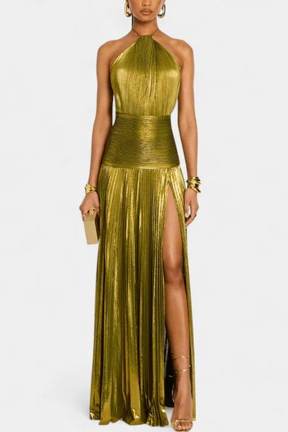 Women’s Elegant Pleated Maxi Cocktail Dress with Halter Neck