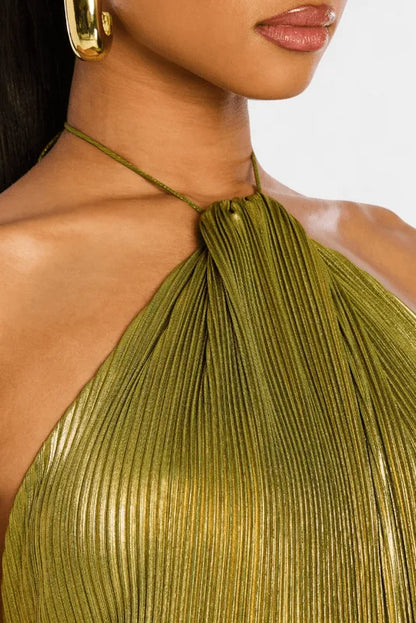 Women’s Elegant Pleated Maxi Cocktail Dress with Halter Neck