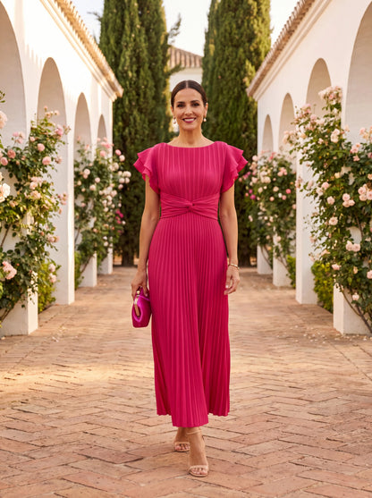 Women’s Elegant Pleated Maxi Wedding Guest Dress with Ruffle Sleeves