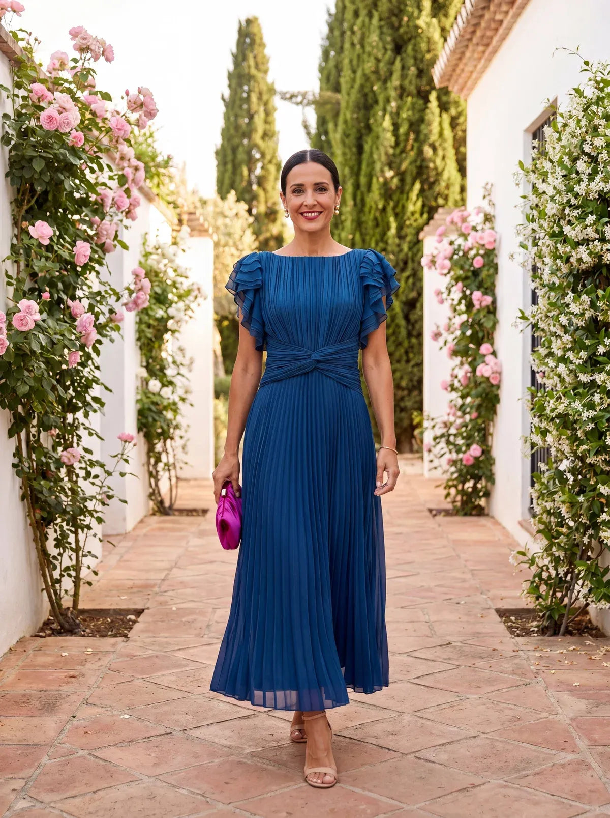 Women’s Elegant Pleated Maxi Wedding Guest Dress with Ruffle Sleeves