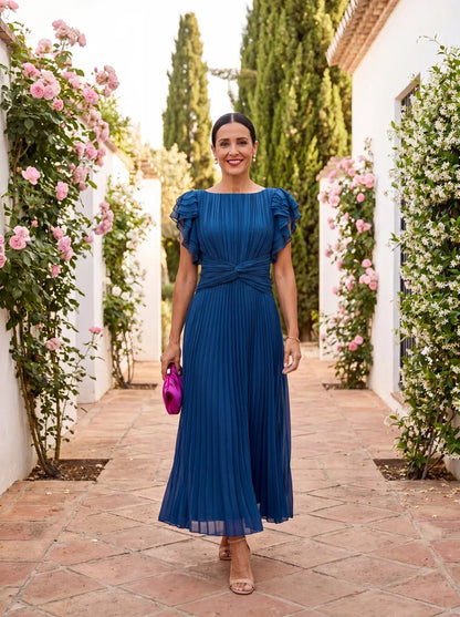 Women’s Elegant Pleated Maxi Wedding Guest Dress with Ruffle Sleeves
